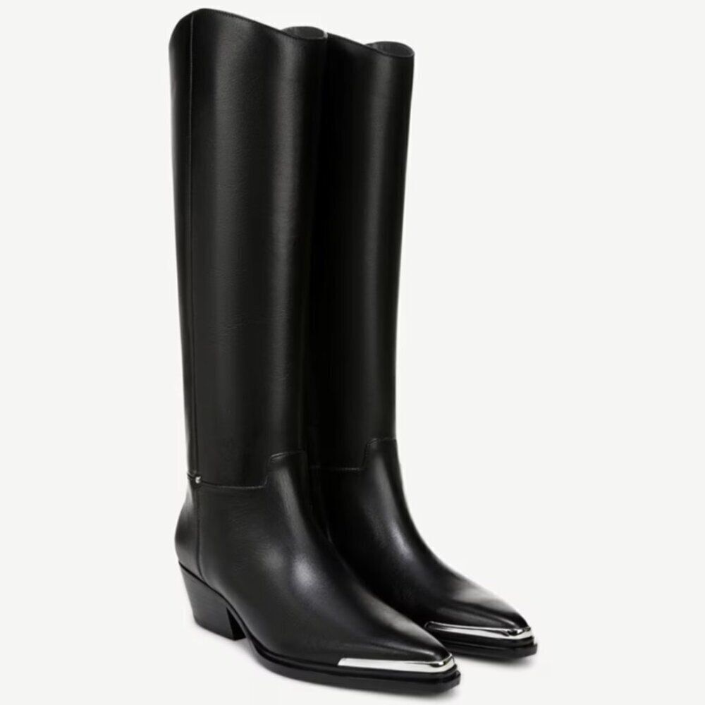 Franco Sarto Black Leather Knee-High Heeled Boots with Silver Toe